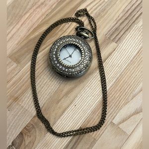 Brass Steampunk Filigree Crystal Pocket Watch and Link Chain Vintage Beautiful